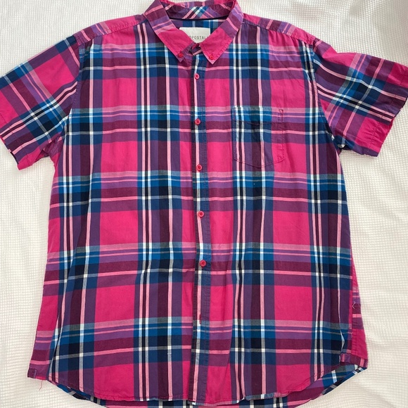 Aeropostale Pink and Blue Plaid Short Sleeve Button Down - Picture 1 of 5